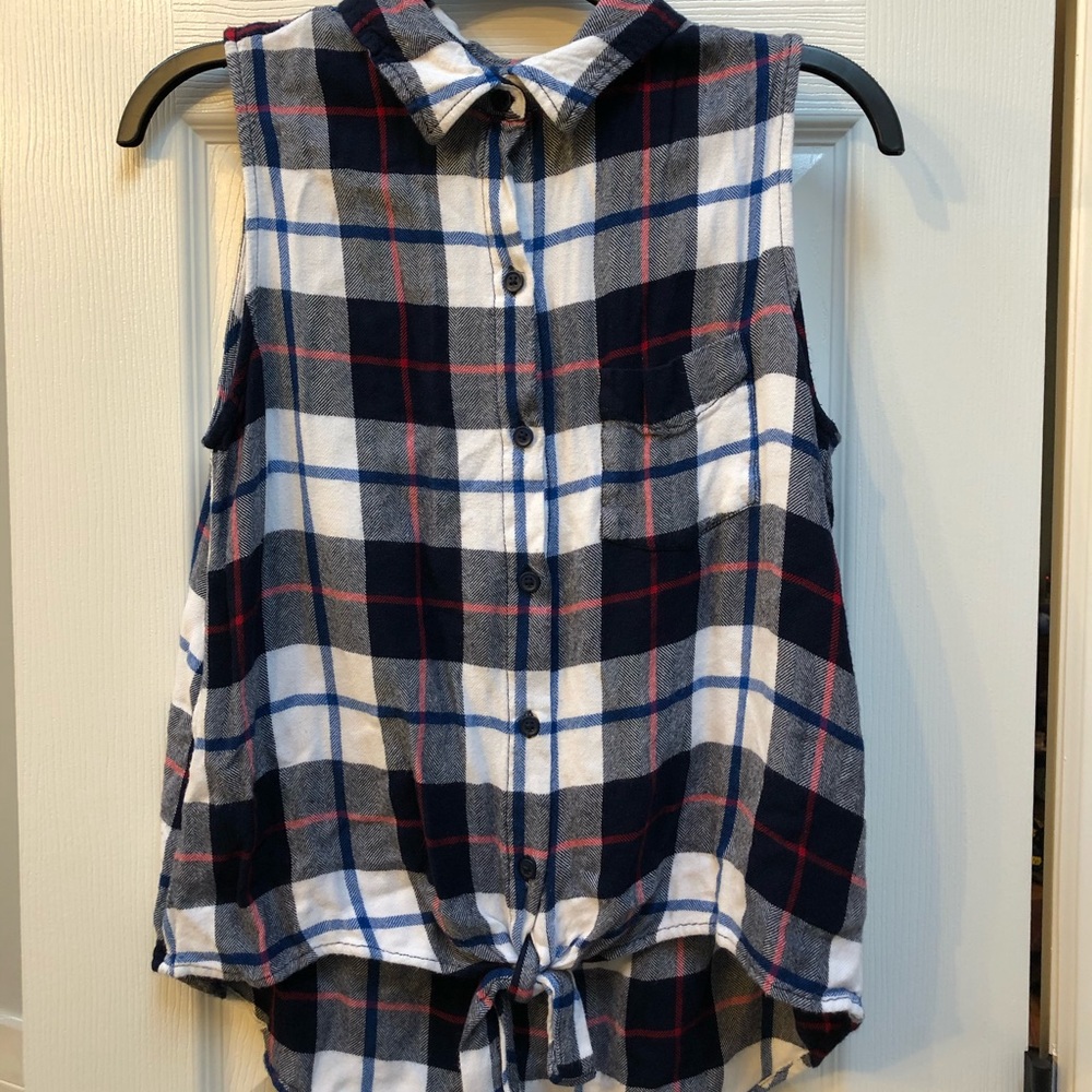 Beachlunchlounge Plaid Sleeveless Tie Hem Flannel Button Down Top Medium EUC